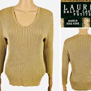 Lauren Ralph Lauren Silk Metallic Blend  Cable Knit V-Neck Sweater SZ Petite M